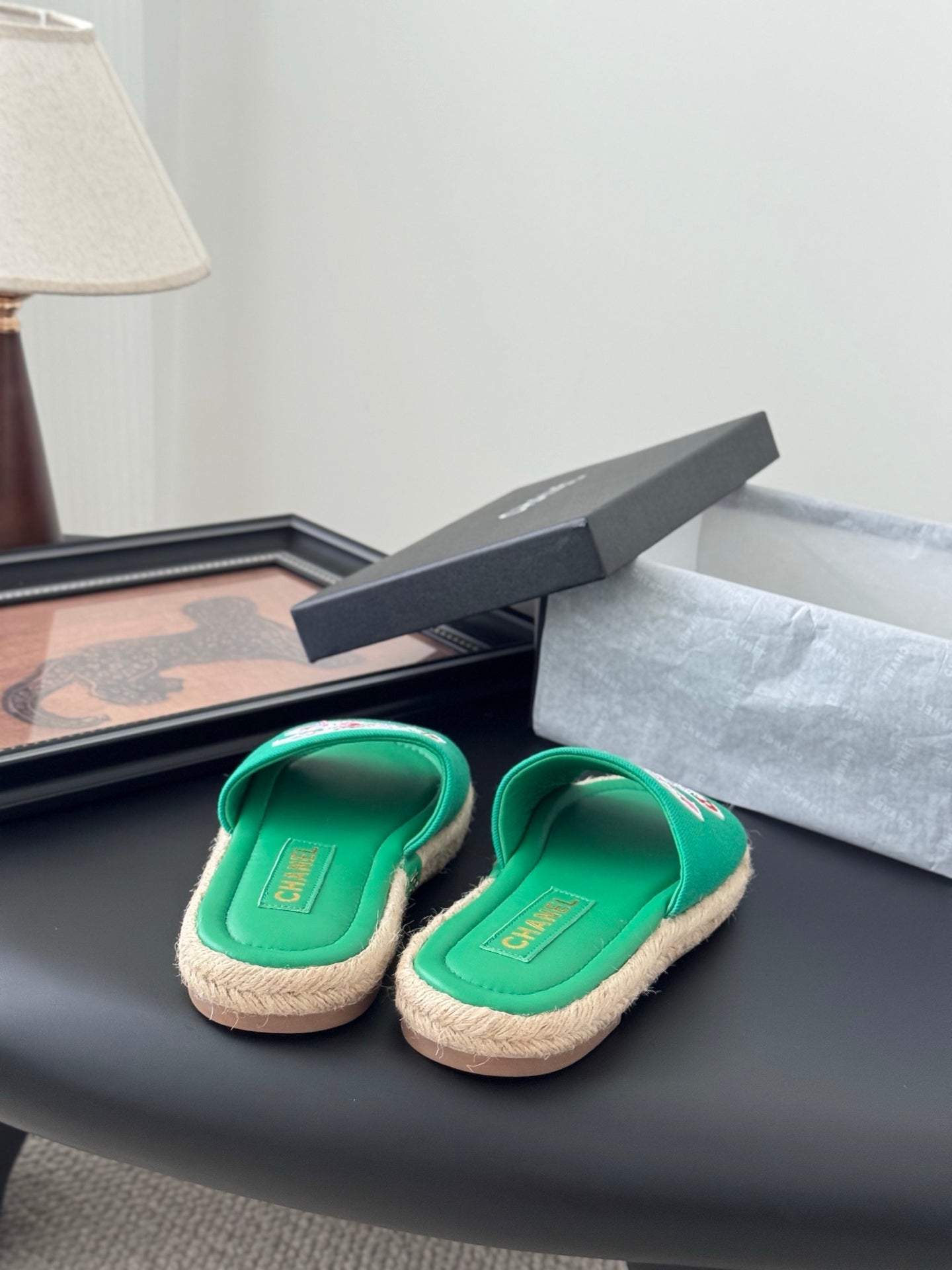 SLIPPERS IN GREEN SHEEPSKIN MIX FABRIC AND STRAPS BASE