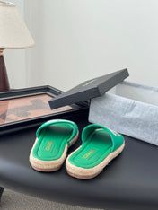 SLIPPERS IN GREEN SHEEPSKIN MIX FABRIC AND STRAPS BASE