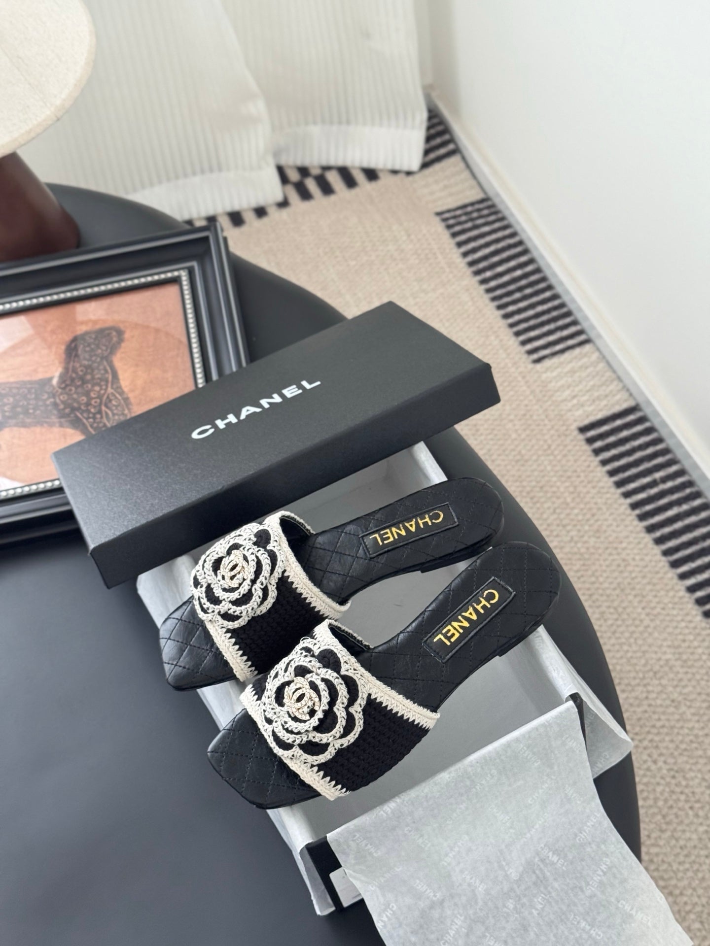 SLIPPER IN BLACK CALFSKIN MIX WOOL