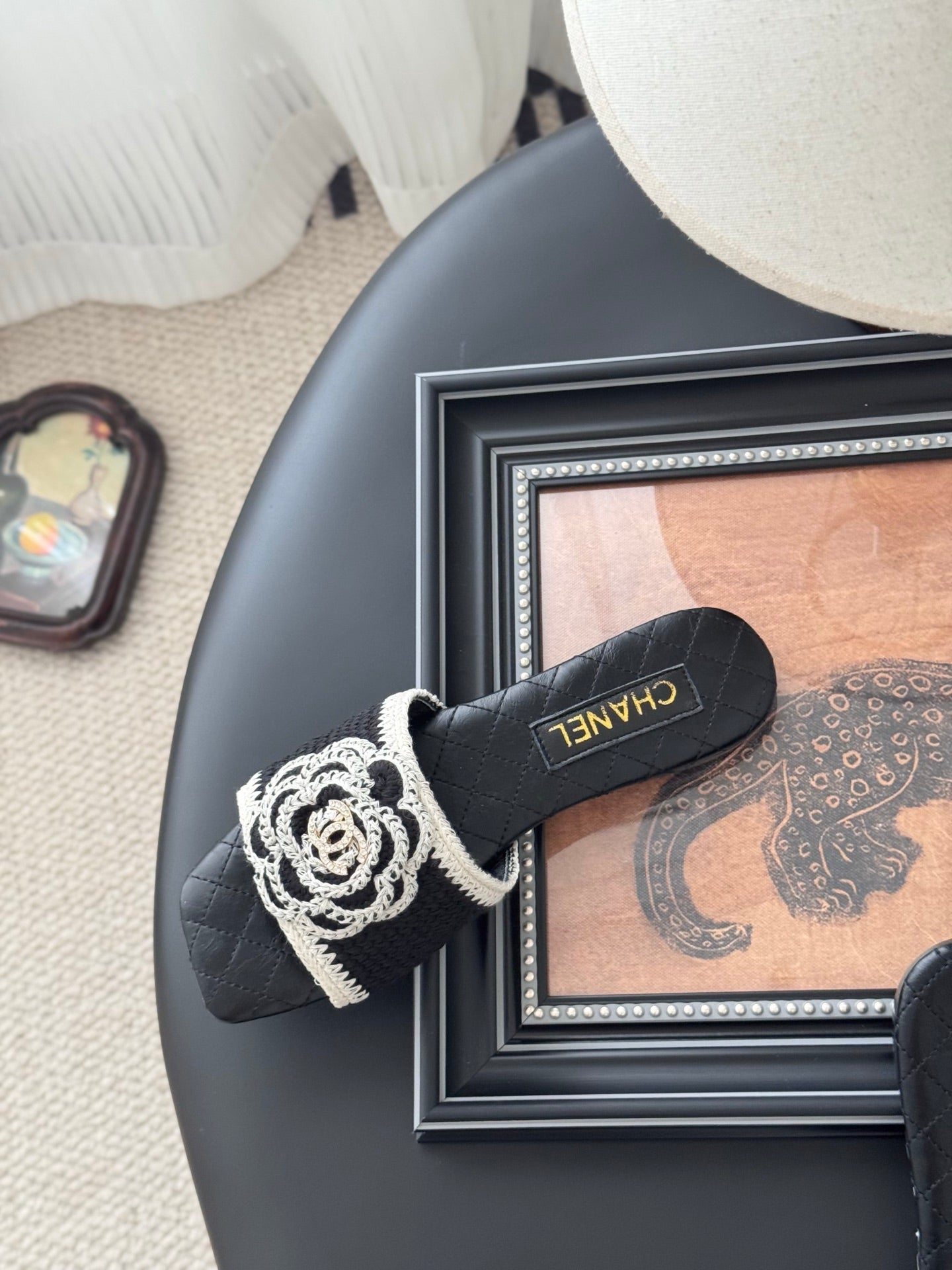 SLIPPER IN BLACK CALFSKIN MIX WOOL