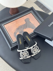 SLIPPER IN BLACK CALFSKIN MIX WOOL