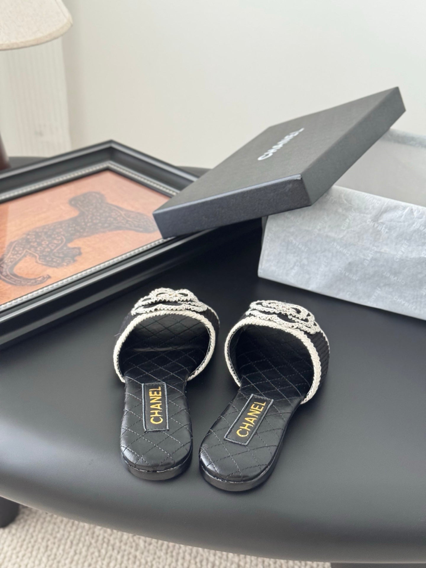 SLIPPER IN BLACK CALFSKIN MIX WOOL