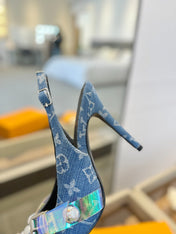 HIGH HEELS 95 MM IN CLASSIC BLUE MONOGRAM DENIM WITH CRYSTALS