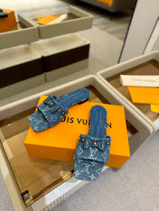LV X TM 6AM FLAT MULE IN NAVY BLUE MONOGRAM DENIM