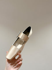 MARY JANES IN GOLD SATIN WITH CRYSTAL SQUARE BUCKLE