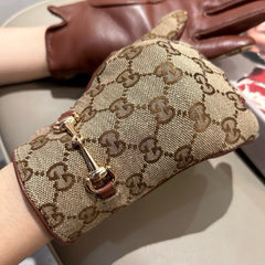 HORSEBIT GLOVES IN BEIGE MONOGRAM JACQUARD FABRIC MIX RED BROWN SHEEPSKIN 456332