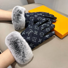 FINGERLESS GLOVES IN BLACK MONOGRAM DENIM AND LAMBSKIN WITH RABBIT FUR 458590