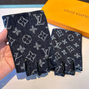 FINGERLESS GLOVES IN BLACK MONOGRAM DENIM AND LAMBSKIN 460108