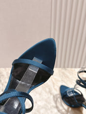 YSL 25S STRAPPY HIGH-HEEL SANDALS 100 MM IN MIDNIGHT BLUE SATIN