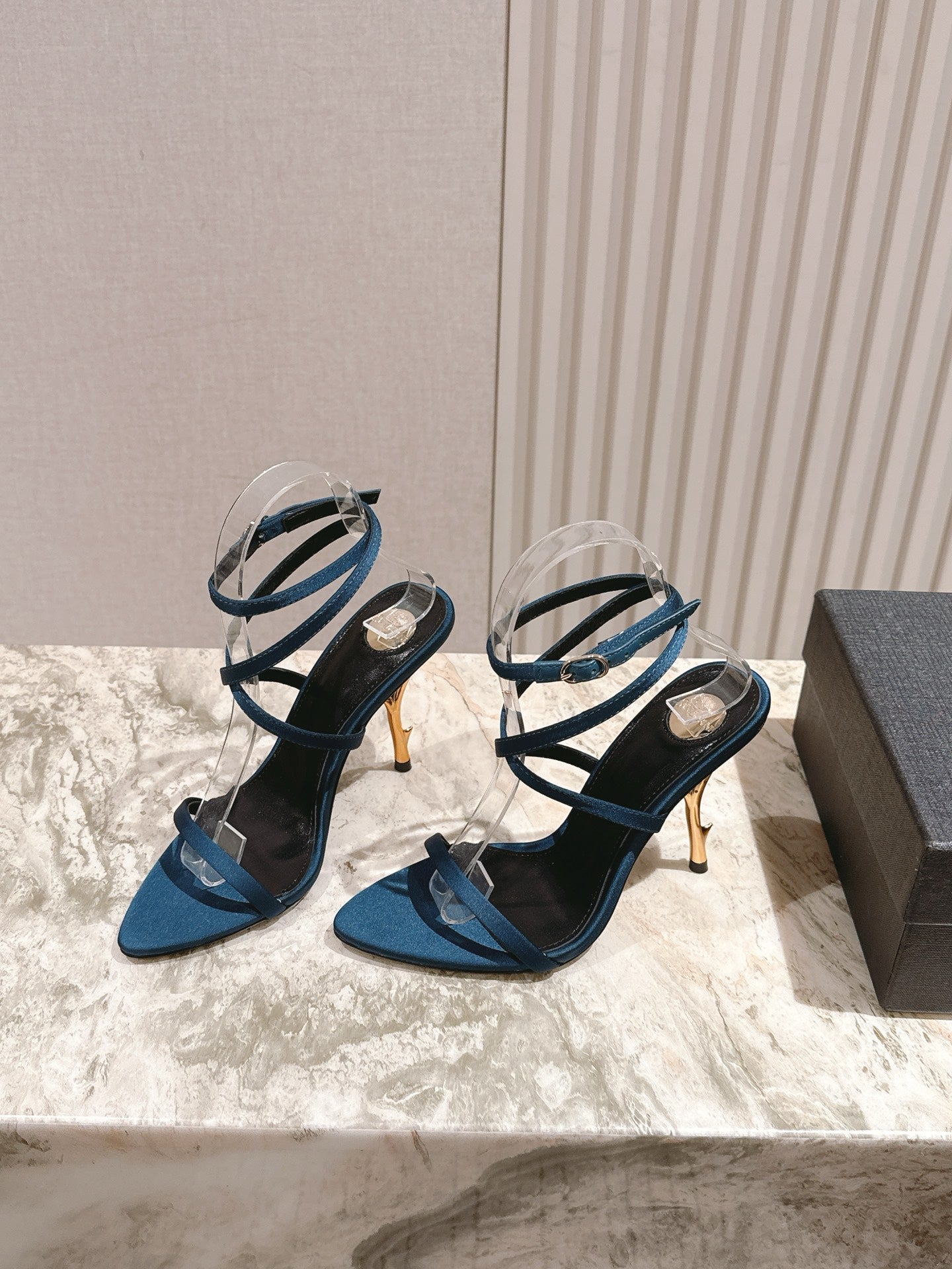 YSL 25S STRAPPY HIGH-HEEL SANDALS 100 MM IN MIDNIGHT BLUE SATIN