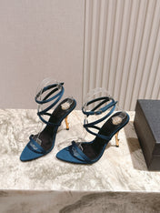 YSL 25S STRAPPY HIGH-HEEL SANDALS 100 MM IN MIDNIGHT BLUE SATIN