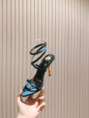 YSL 25S STRAPPY HIGH-HEEL SANDALS 100 MM IN MIDNIGHT BLUE SATIN