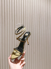 YSL 25S STRAPPY HIGH-HEEL SANDALS 100 MM IN OLIVE GREEN LAMBSKIN