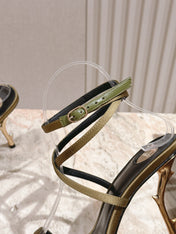 YSL 25S STRAPPY HIGH-HEEL SANDALS 100 MM IN OLIVE GREEN LAMBSKIN