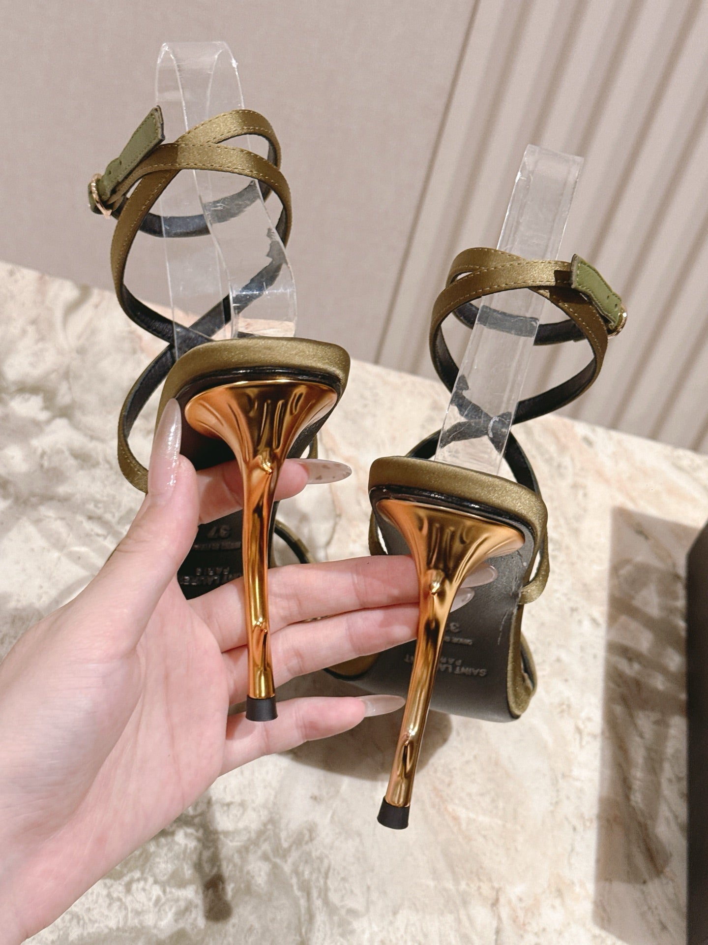 YSL 25S STRAPPY HIGH-HEEL SANDALS 100 MM IN OLIVE GREEN LAMBSKIN