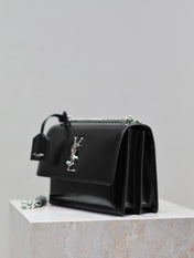 YSL 25S SUNSET MEDIUM 22 IN BLACK SHINY CALFSKIN SILVER HARDWARE
