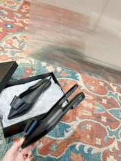 CASSANDRA SLINGBACK FLAT IN BLACK MIX BLUE SMOOTH LAMBSKIN