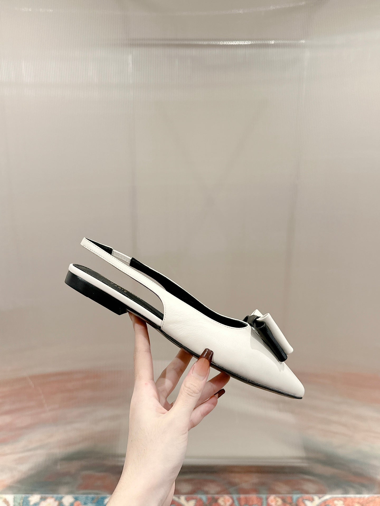 CASSANDRA SLINGBACK FLAT IN WHITE MIX BLACK SMOOTH LAMBSKIN