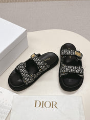 DIOR CLASSIC DOUBLE-STRAP SLIDES 25S IN BLACK FABRIC AND CALFSKIN