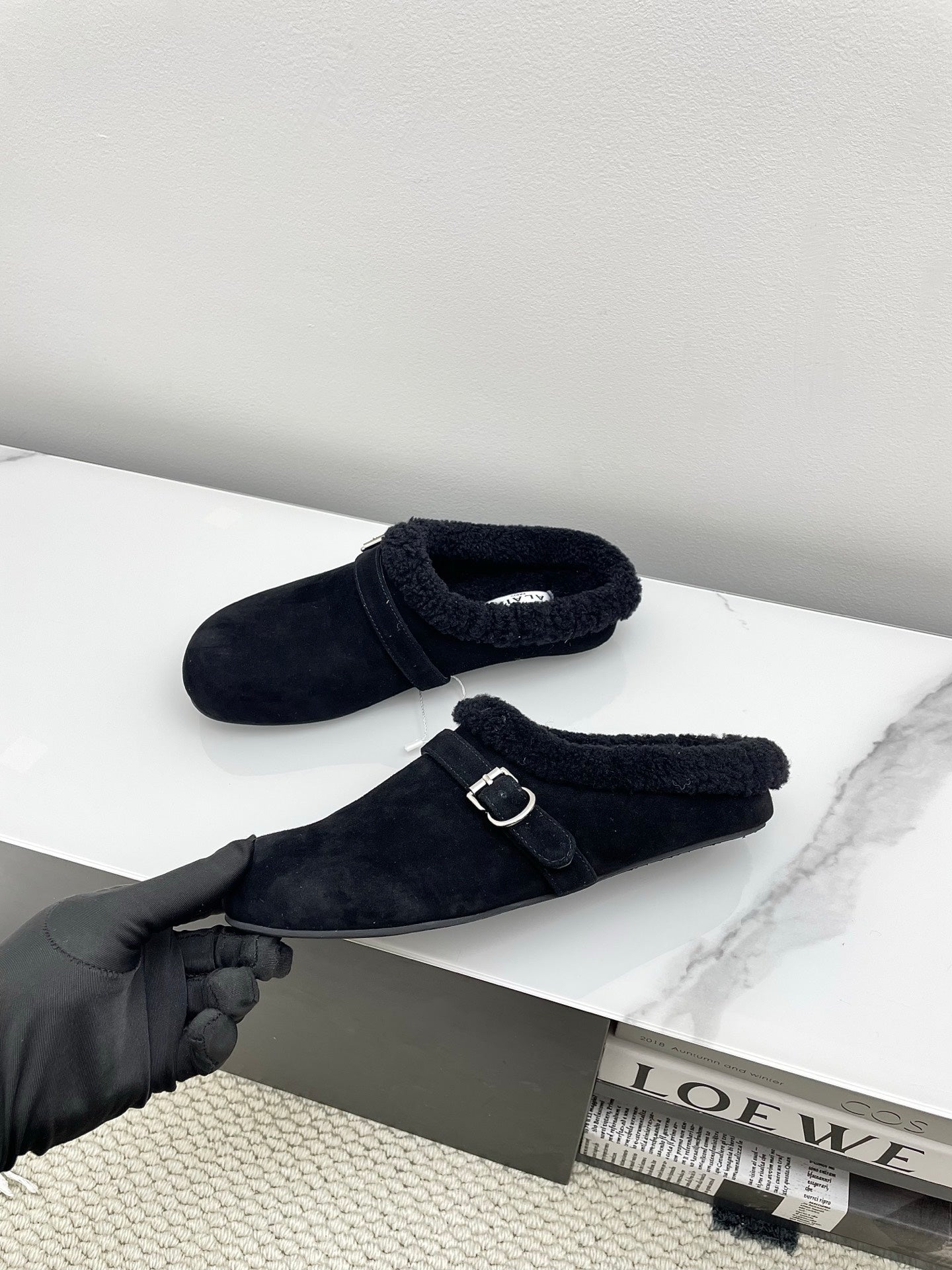 ALAIA 26S MULE IN BLACK SUEDE AND WOOL