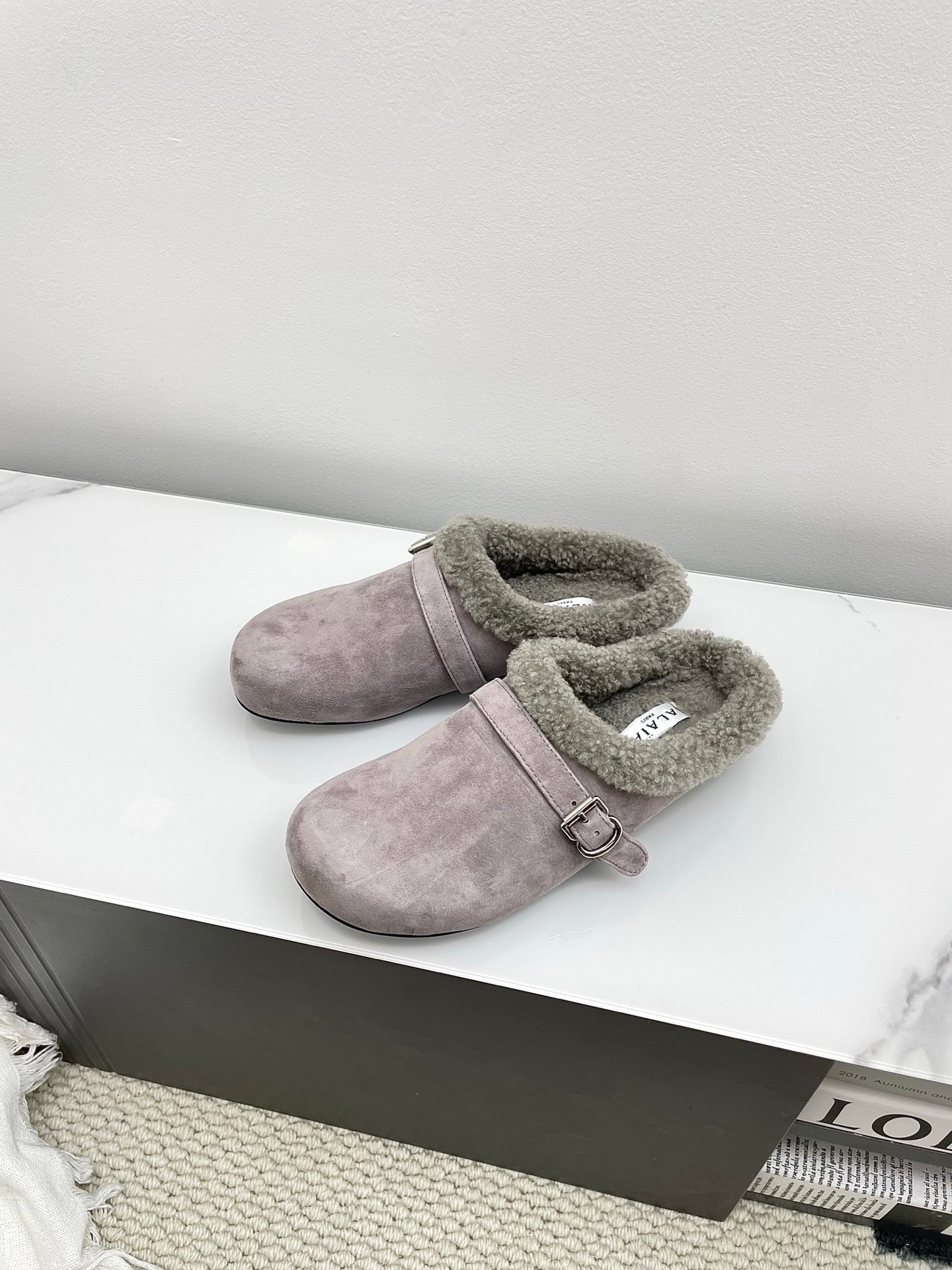 ALAIA 26S MULE IN PINKISH GREY SUEDE AND WOOL