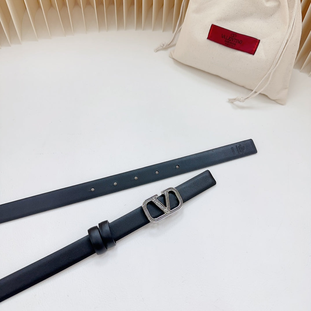 Vlogo Buckle Water Wave Silver Copper Glossy Black Leather 20mm Belt