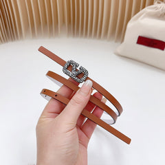 VL Belt 8mm Buckle Silver Diamond Leather Tan White