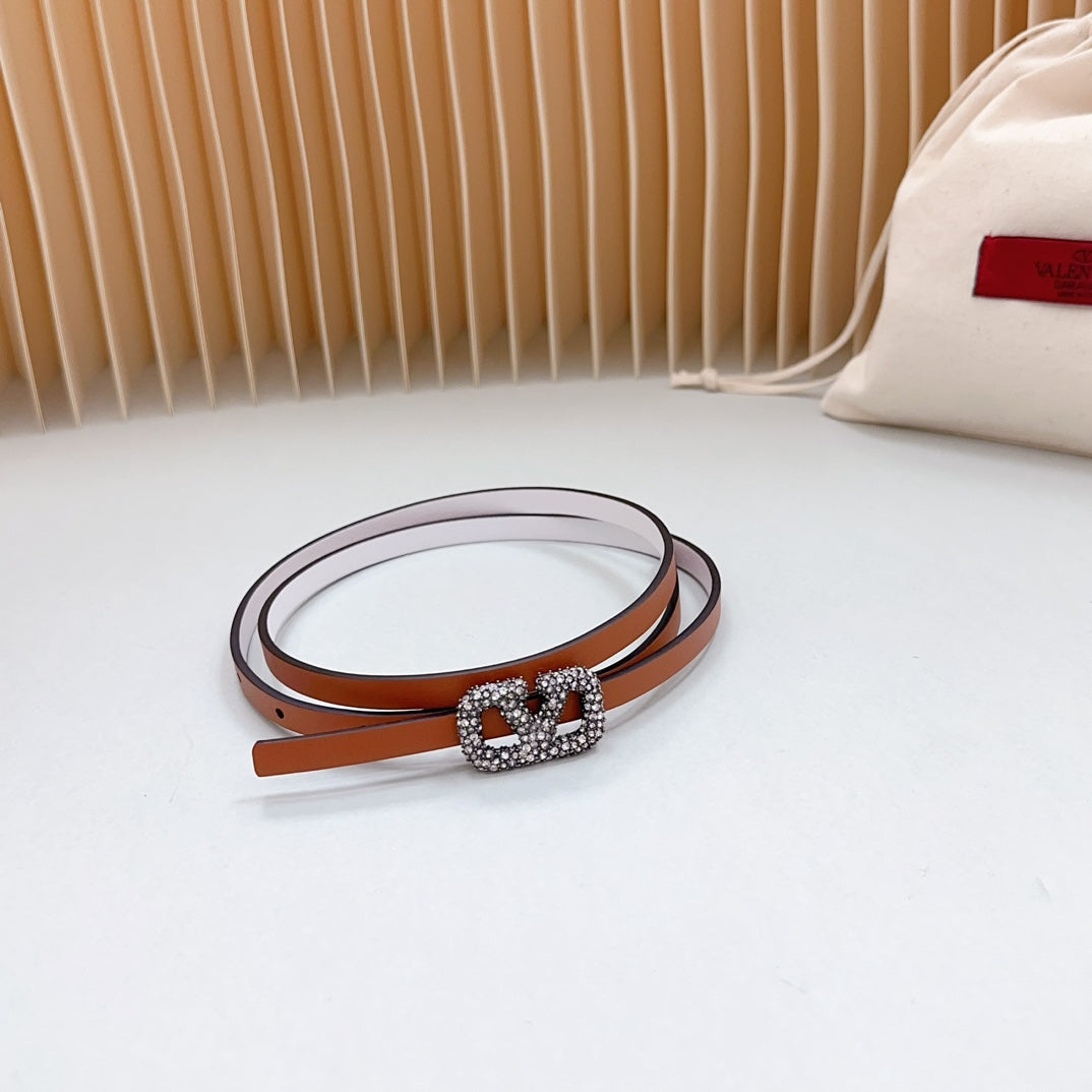 VL Belt 8mm Buckle Silver Diamond Leather Tan White