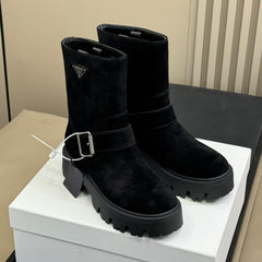 PRADA 25S PLATFORM ANKLE BOOTS IN BLACK SUEDE WITH SILVER HARDWARE