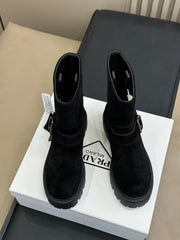 PRADA 25S PLATFORM ANKLE BOOTS IN BLACK SUEDE WITH SILVER HARDWARE
