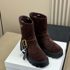 PRADA 25S PLATFORM ANKLE BOOTS IN DARK BROWN SUEDE WITH GOLD HARDWARE