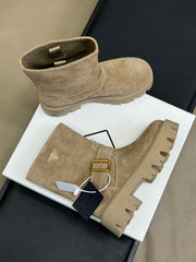 PRADA 25S PLATFORM ANKLE BOOTS IN DARK BEIGE SUEDE WITH GOLD HARDWARE