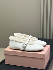 ALAIA 25S MARY JANE SHEARLING FLATS IN WHITE CALFSKIN