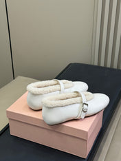 ALAIA 25S MARY JANE SHEARLING FLATS IN WHITE CALFSKIN