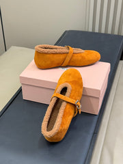 ALAIA 25S MARY JANE SHEARLING FLATS IN DARK CARAMEL SUEDE