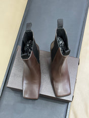 ALAIA 25S ANKLE HIGH-HEELED BOOTS IN BROWN CALFSKIN AND CANVAS