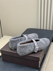 ALAIA 25S COZY MARY JANE SHEARLING FLATS IN DARK GRAY
