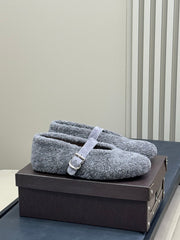 ALAIA 25S COZY MARY JANE SHEARLING FLATS IN DARK GRAY