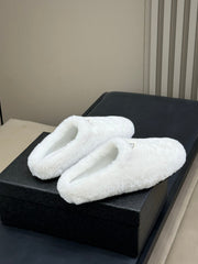 PRADA 25S CLOGS IN WHITE SHEARLING