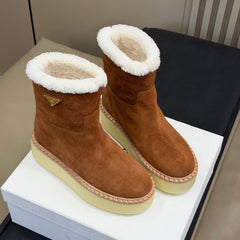 PRADA 25S ANKLE BOOTS 40 MM IN DARK BROWN SUEDE SHEARLING-LINED