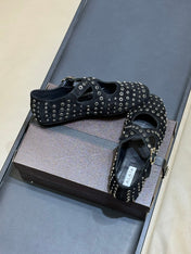 ALAIA 26S CROSS-STRAP FLATS IN BLACK SUEDE WITH SILVER HARDWARE