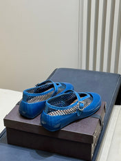 ALAIA 26S MARY JANE BALLET FLATS IN DARK BLUE MESH AND GLOSSY CALFSKIN
