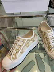 WALK'N PLATFORM SNEAKER IN BEIGE-GOLD TONE EMBROIDERED FABRIC