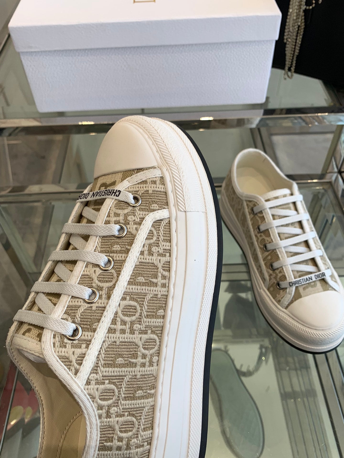 WALK'N PLATFORM SNEAKER CAMEL BEIGE OBLIQUE EMBROIDERED COTTON