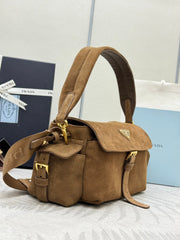 PRADA 25S EXPLORE MEDIUM SHOULDER BAG 30 IN CINNAMON SUEDE WITH FLAP