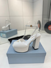PRADA 26S HEELED SANDALS 115MM IN WHITE CALFSKIN WITH LOGO