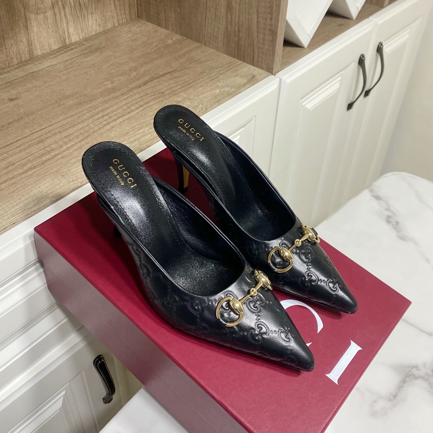 GUCCI 26S HEELED MULES 85 MM IN BLACK CALFSKIN