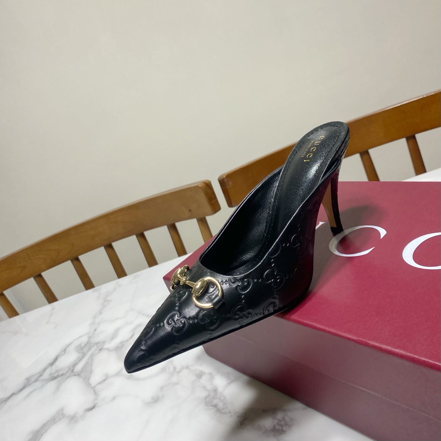 GUCCI 26S HEELED MULES 85 MM IN BLACK CALFSKIN