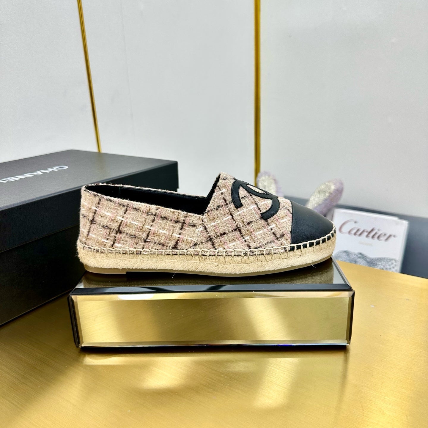 CC ESPADRILLES PLATFORM 25S IN LIGHT BEIGE TWEED MIX BLACK CALFSKIN WITH PLAID PATTERN