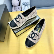 CC ESPADRILLES PLATFORM 25S IN LIGHT BEIGE TWEED MIX BLACK CALFSKIN WITH PLAID PATTERN